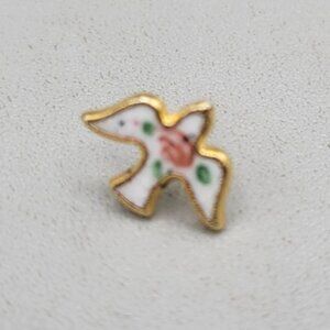 Bird Enamel Floral Tie Tack Lapel Pin Hat Pin Gold Tone Setting